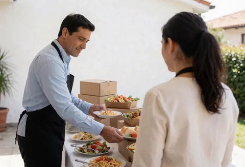 A staff member carefully arranging food items and dishes on a buffet table to prepare for a client event
