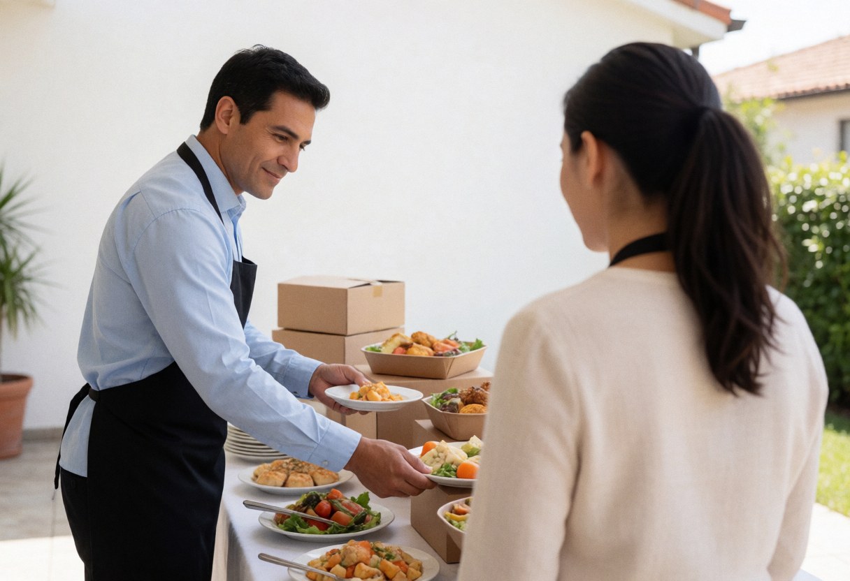 A staff member carefully arranging food items and dishes on a buffet table to prepare for a client event
