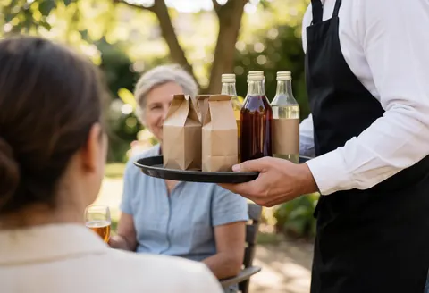 A waiter carrying a tray of beverages in a sunny outdoor garden with seated clients and trees in the background.