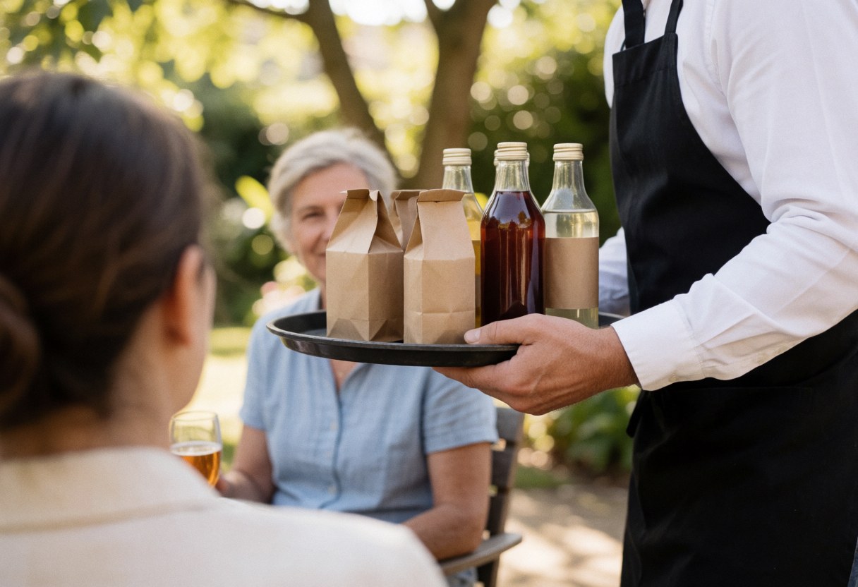 A waiter carrying a tray of beverages in a sunny outdoor garden with seated clients and trees in the background.