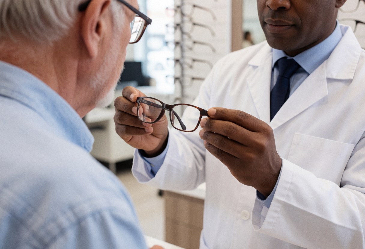 An optician assists an older client in trying on eyeglasses, carefully adjusting the frame for a proper fit in an optical store.