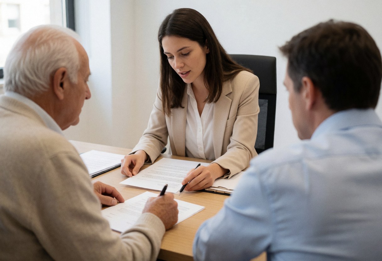 A lawyer provides empathetic legal advice to a client during a professional meeting at a desk in a bright office setting