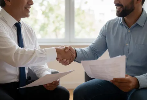 A lawyer and client sit in a sunlit office, shaking hands while reviewing documents on the table.
