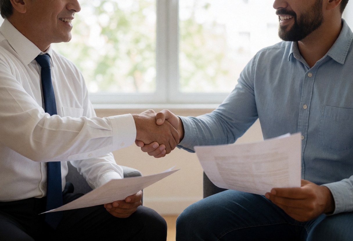 A lawyer and client sit in a sunlit office, shaking hands while reviewing documents on the table.