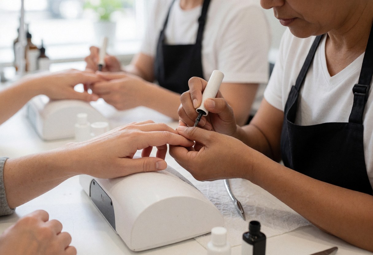 Close-up of a nail technician applying gel polish to a client's nails using professional tools in a bright salon setting