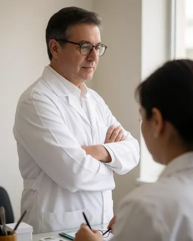 A professional optometrist working at a desk in an optical clinic, reviewing documents and using instruments for eye care services.
