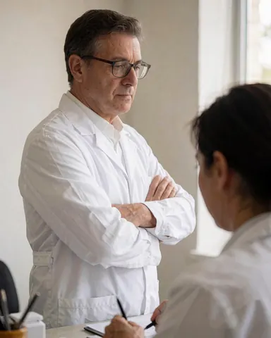 A professional optometrist working at a desk in an optical clinic, reviewing documents and using instruments for eye care services.