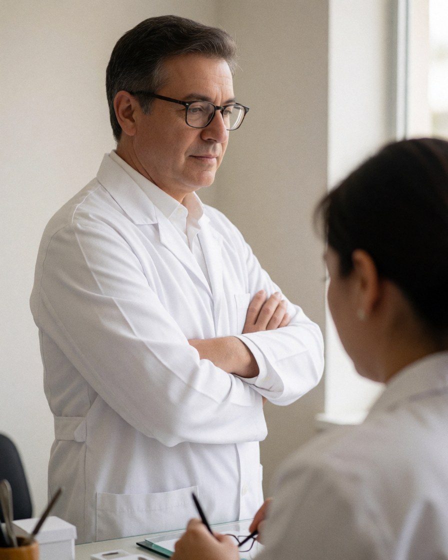 A professional optometrist working at a desk in an optical clinic, reviewing documents and using instruments for eye care services.