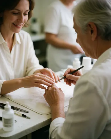Close-up of a professional manicurist using a brush and tools to apply nail polish to a client's hands in a clean salon setting.