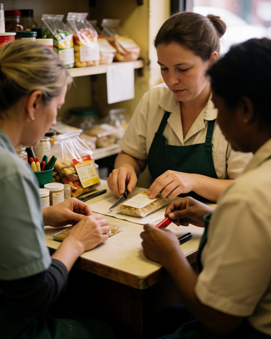 Three women inspecting items on shelves in a grocery store, using a knife to open packages and checking labels in a realistic work setting.