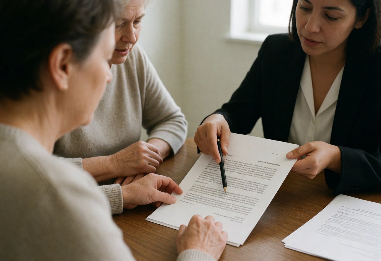 A female lawyer reviews a legal document with an older client at a wooden desk, using a pencil in a professional office setting.