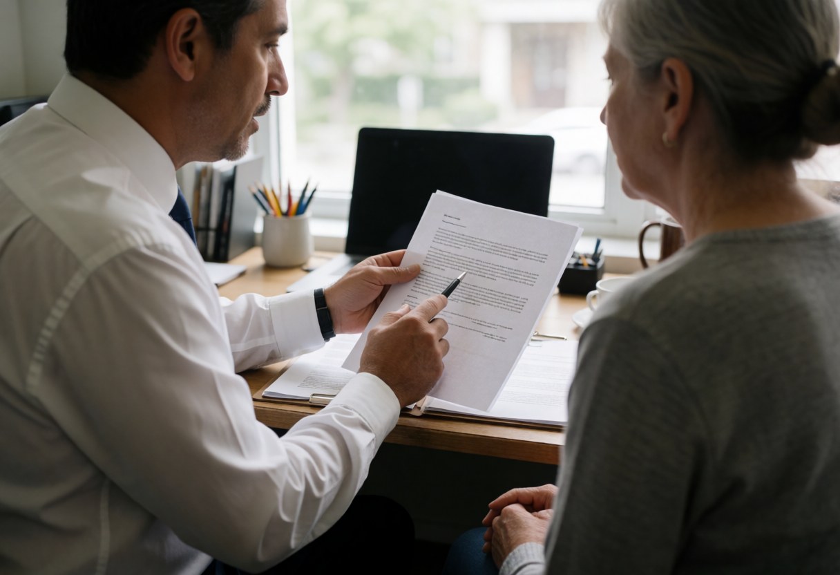Lawyer sitting at a desk with a laptop and coffee cup, explaining a document to a client in a bright office with natural light from a window.