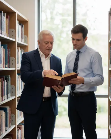 Senior attorney and young lawyer review a book together in a library surrounded by bookshelves with natural light from a window