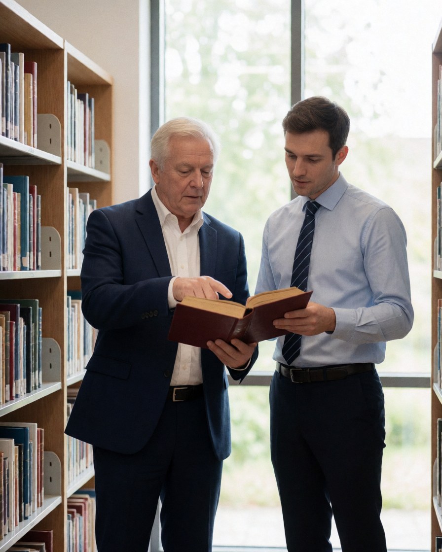 Senior attorney and young lawyer review a book together in a library surrounded by bookshelves with natural light from a window