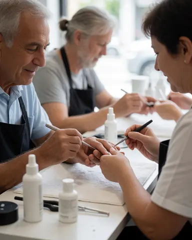 A professional manicurist applies product to a smiling client's nails in a bright, clean salon with tools and supplies visible on the table.