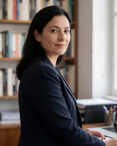 Professional female attorney working on computer in office with bookshelf and natural light from window
