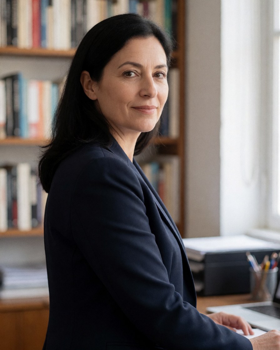 Professional female attorney working on computer in office with bookshelf and natural light from window