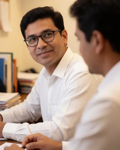 A smiling paralegal sitting at a wooden desk with files and books, wearing glasses and a white shirt in a warm legal office setting