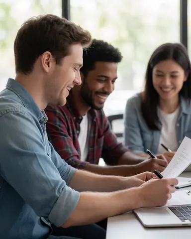 Three young professionals reviewing documents and smiling during an office meeting while working together at a desk with a computer and pencils