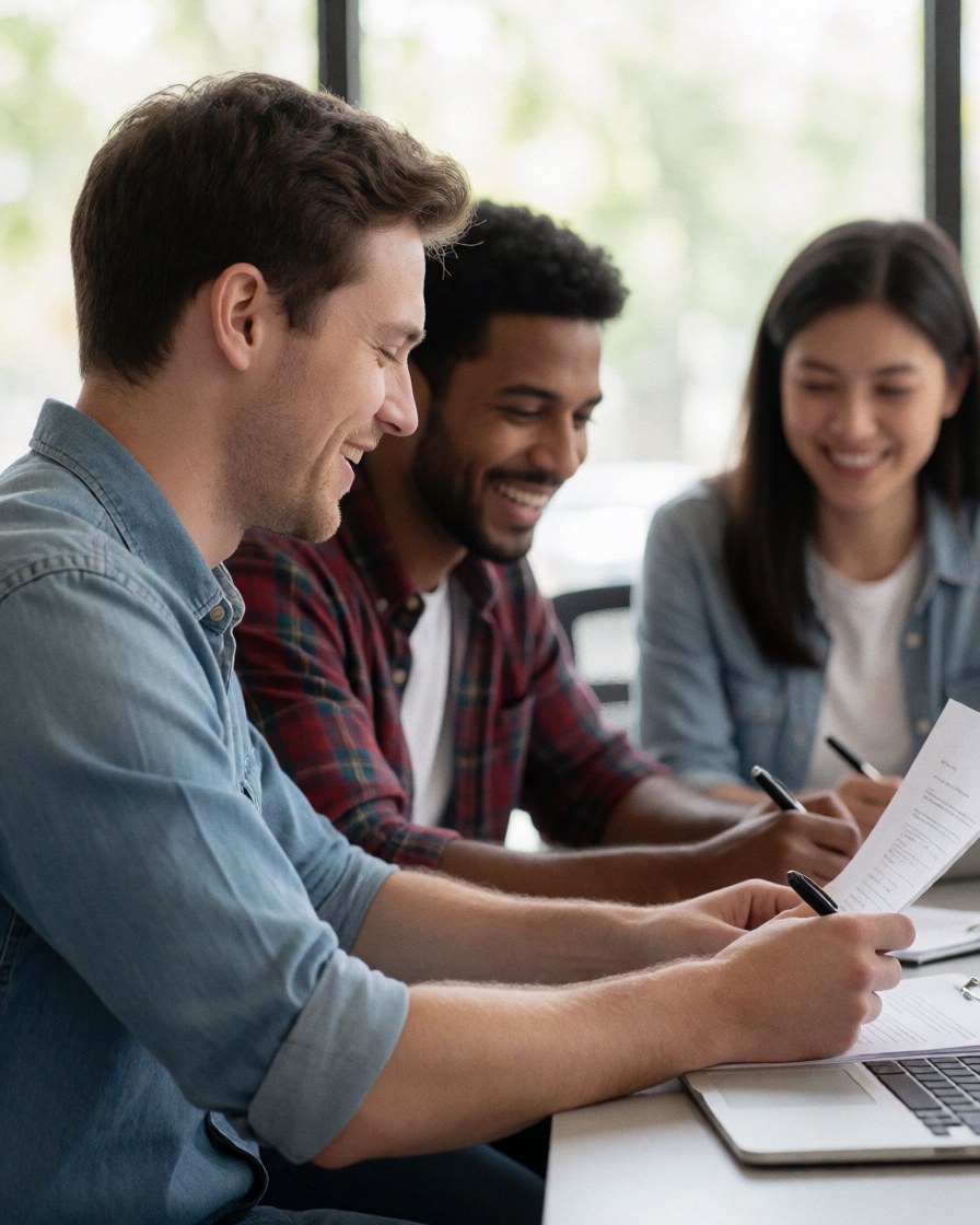 Three young professionals reviewing documents and smiling during an office meeting while working together at a desk with a computer and pencils