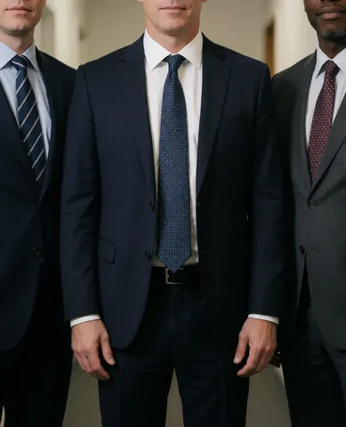 Group of professional lawyers in business attire standing together in a bright office environment