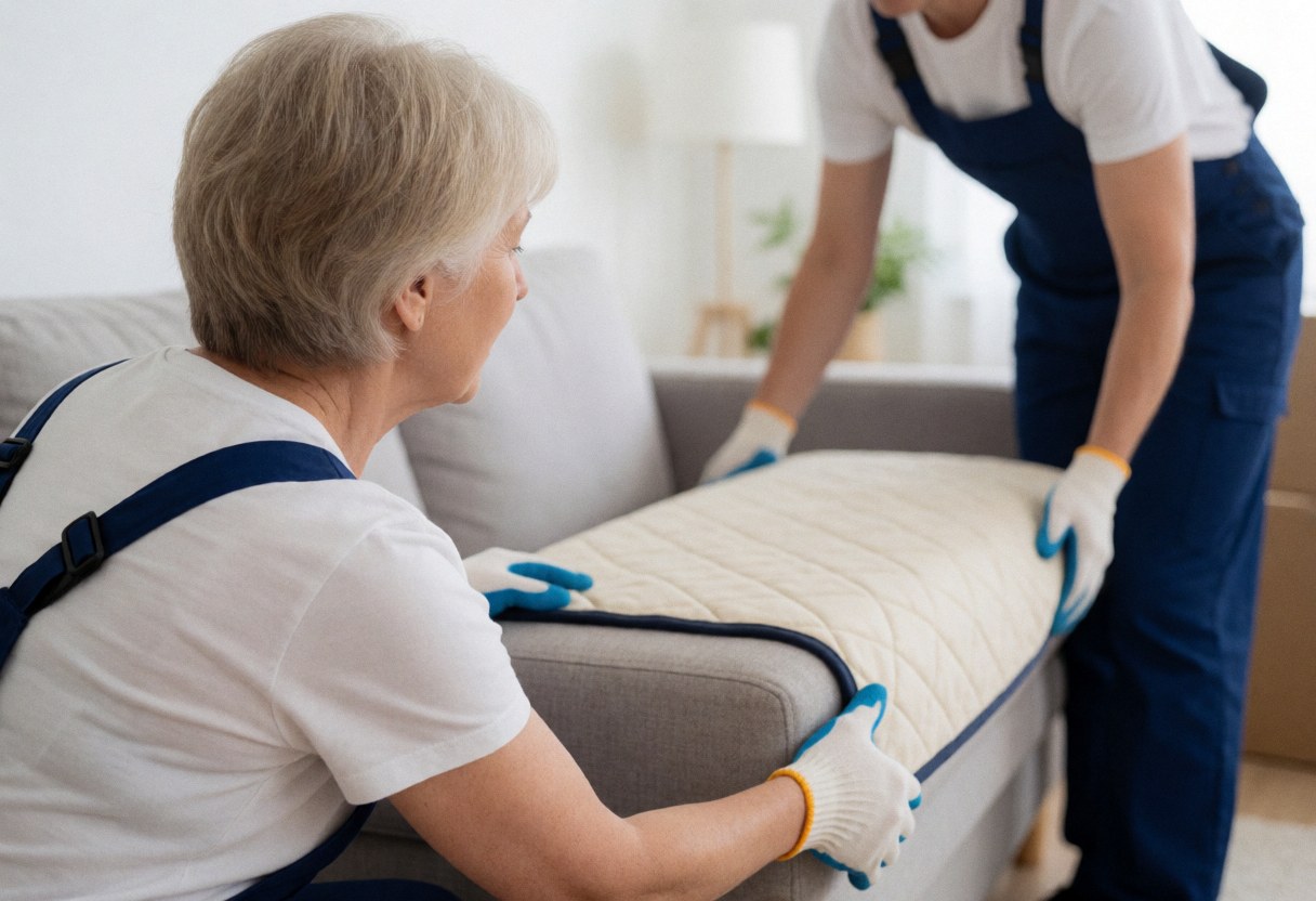 Two professional movers carefully wrap a sofa with protective covers and wear gloves while working in a bright modern home.