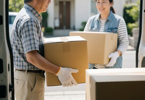 Two moving professionals carry cardboard boxes from a van to a house on a sunny residential street while wearing work gloves.