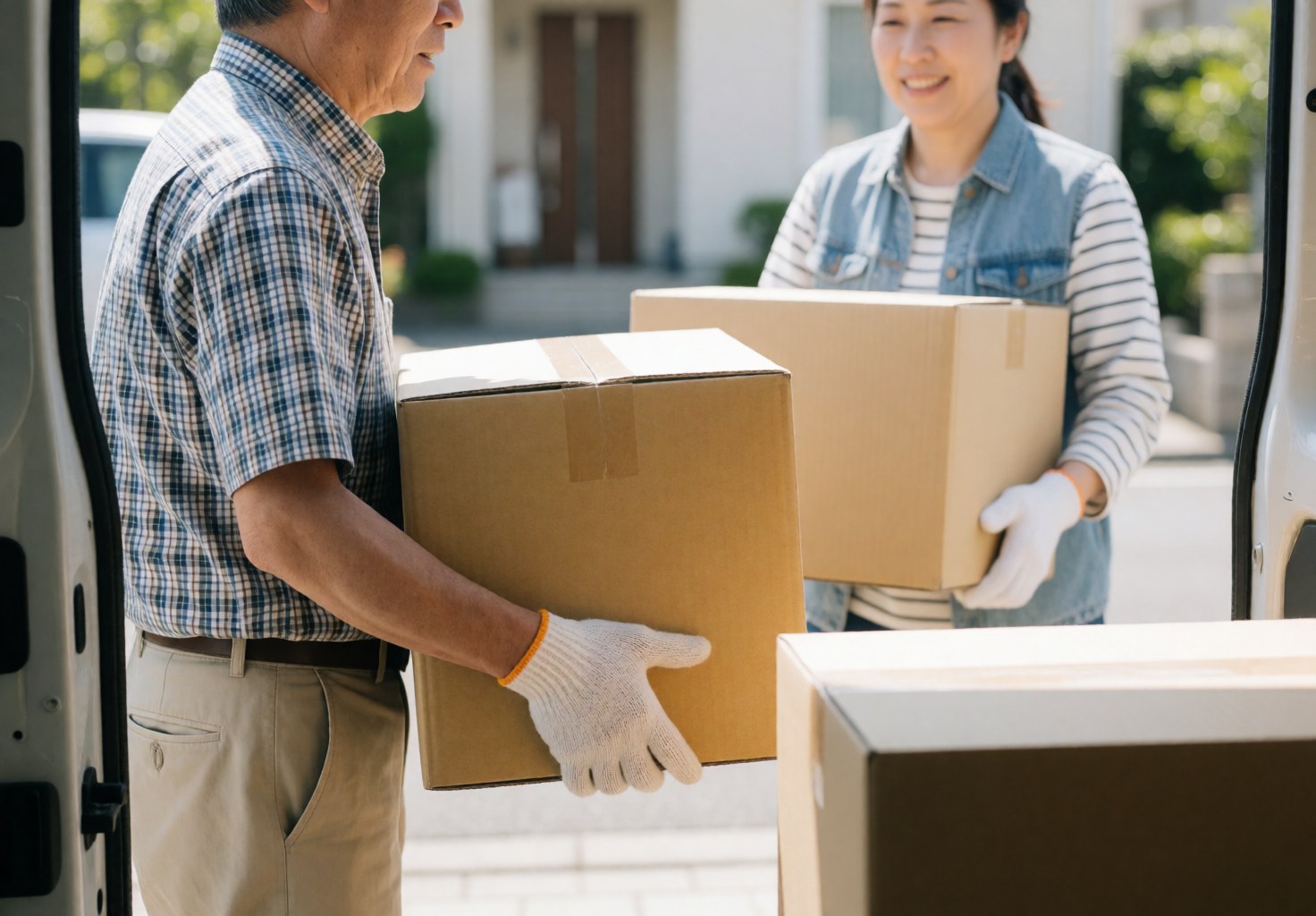 Two moving professionals carry cardboard boxes from a van to a house on a sunny residential street while wearing work gloves.