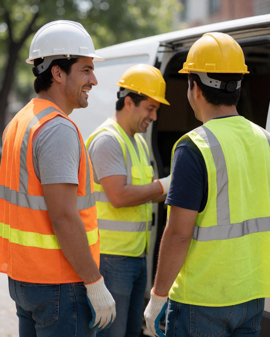 Three solar engineers in safety gear laughing and collaborating near a white van on a sunny day.