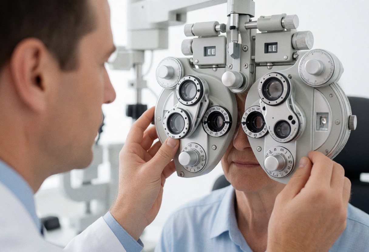 Optometrist adjusting a phoropter in front of a patient during a vision exam in a modern clinic with a white background and soft lighting.