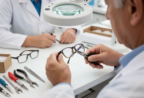Close-up view of an optician using pliers and a magnifying glass to adjust eyeglass frames on a workbench in an optical laboratory