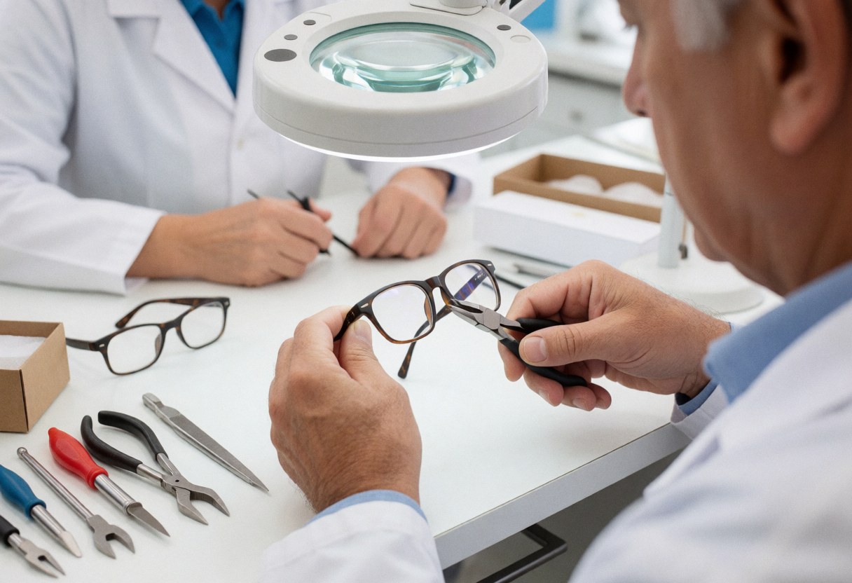 Close-up view of an optician using pliers and a magnifying glass to adjust eyeglass frames on a workbench in an optical laboratory
