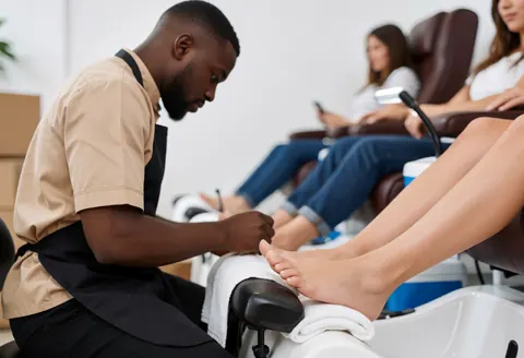 A pedicurist attending to a client's feet in a clean, well-lit nail salon with professional equipment and chairs visible in the background.