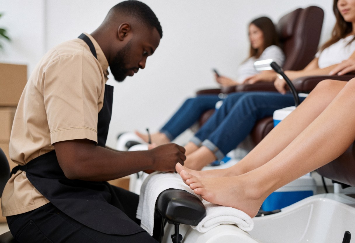 A pedicurist attending to a client's feet in a clean, well-lit nail salon with professional equipment and chairs visible in the background.