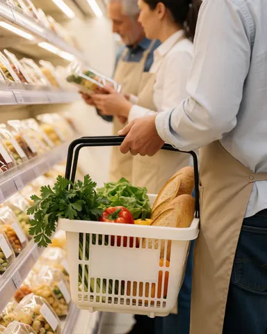 A smiling customer holds a shopping basket filled with fresh vegetables and bread in a well-lit grocery aisle with shelves of products in the background.