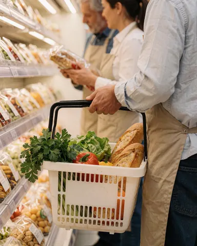 A smiling customer holds a shopping basket filled with fresh vegetables and bread in a well-lit grocery aisle with shelves of products in the background.