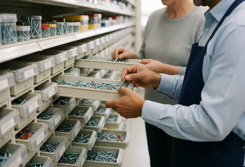 Close-up of hands organizing screws in boxes while a hardware store employee assists a customer with their selection.