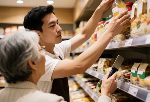 A supermarket employee assists an older customer in reaching a product on a high shelf in a well-lit grocery store aisle.