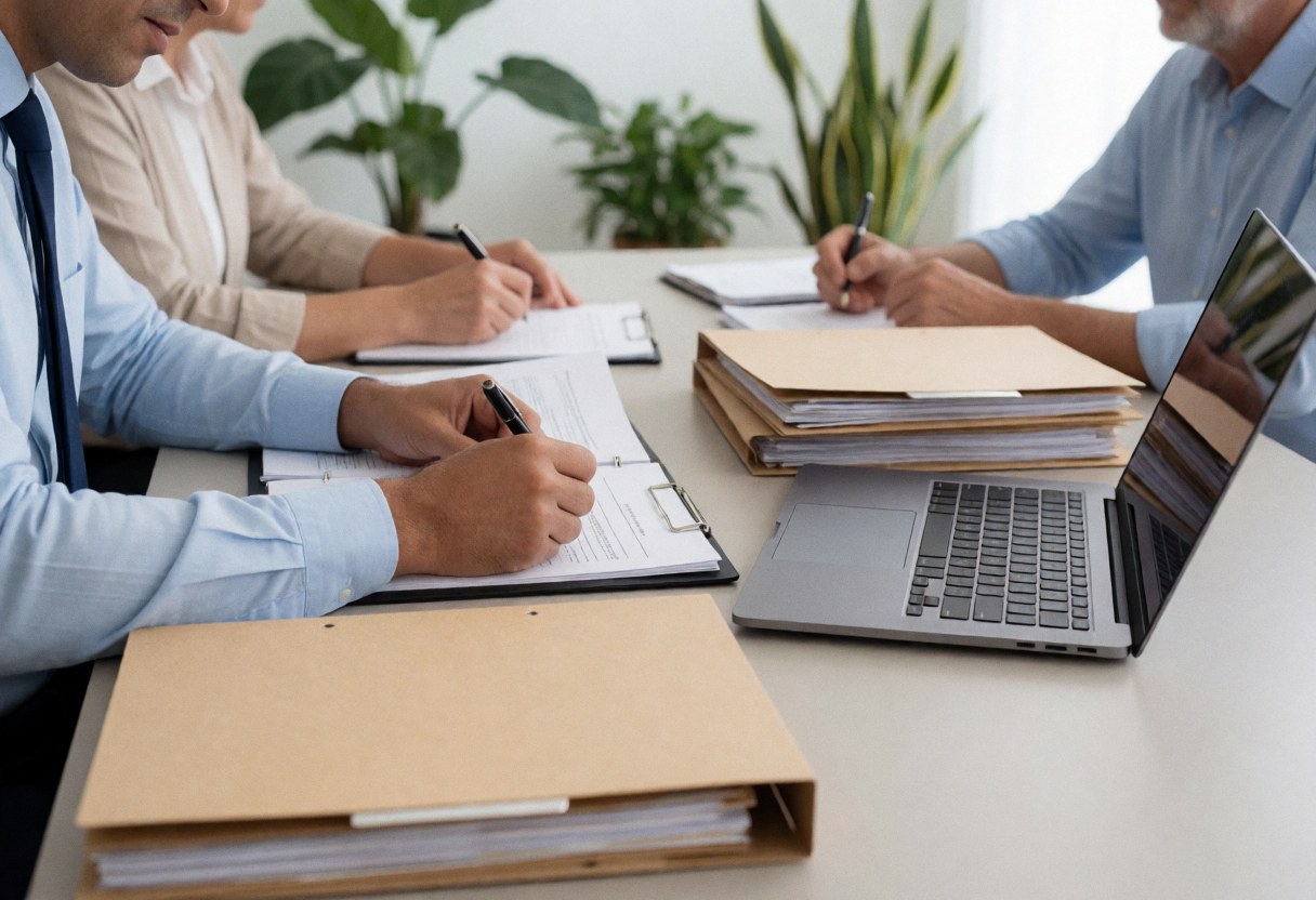 Close-up view of hands organizing and reviewing legal documents and folders on a modern office desk with a laptop nearby