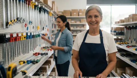 Wide view of a bright and organized hardware store interior with shelves stocked with tools and supplies, creating a professional retail atmosphere.