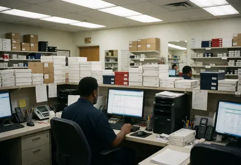 Optical store employee working at a desk with computer, keyboard, mouse, phone, and shelves of frame boxes in a well-lit office.