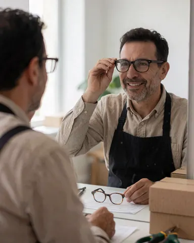 An optician smiles while trying on new glasses in front of a mirror, with tools and boxes on the table and natural light in the optical store.