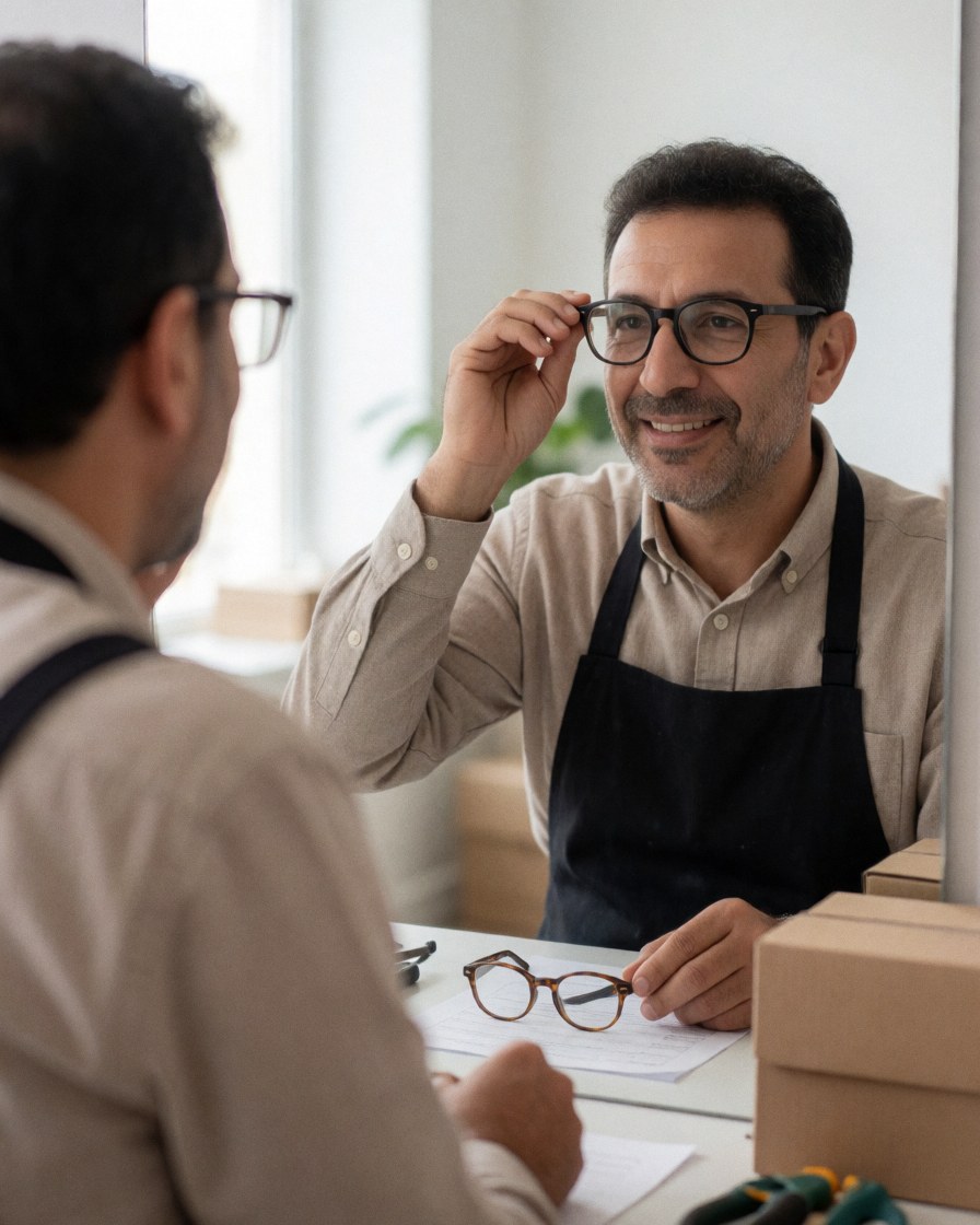An optician smiles while trying on new glasses in front of a mirror, with tools and boxes on the table and natural light in the optical store.