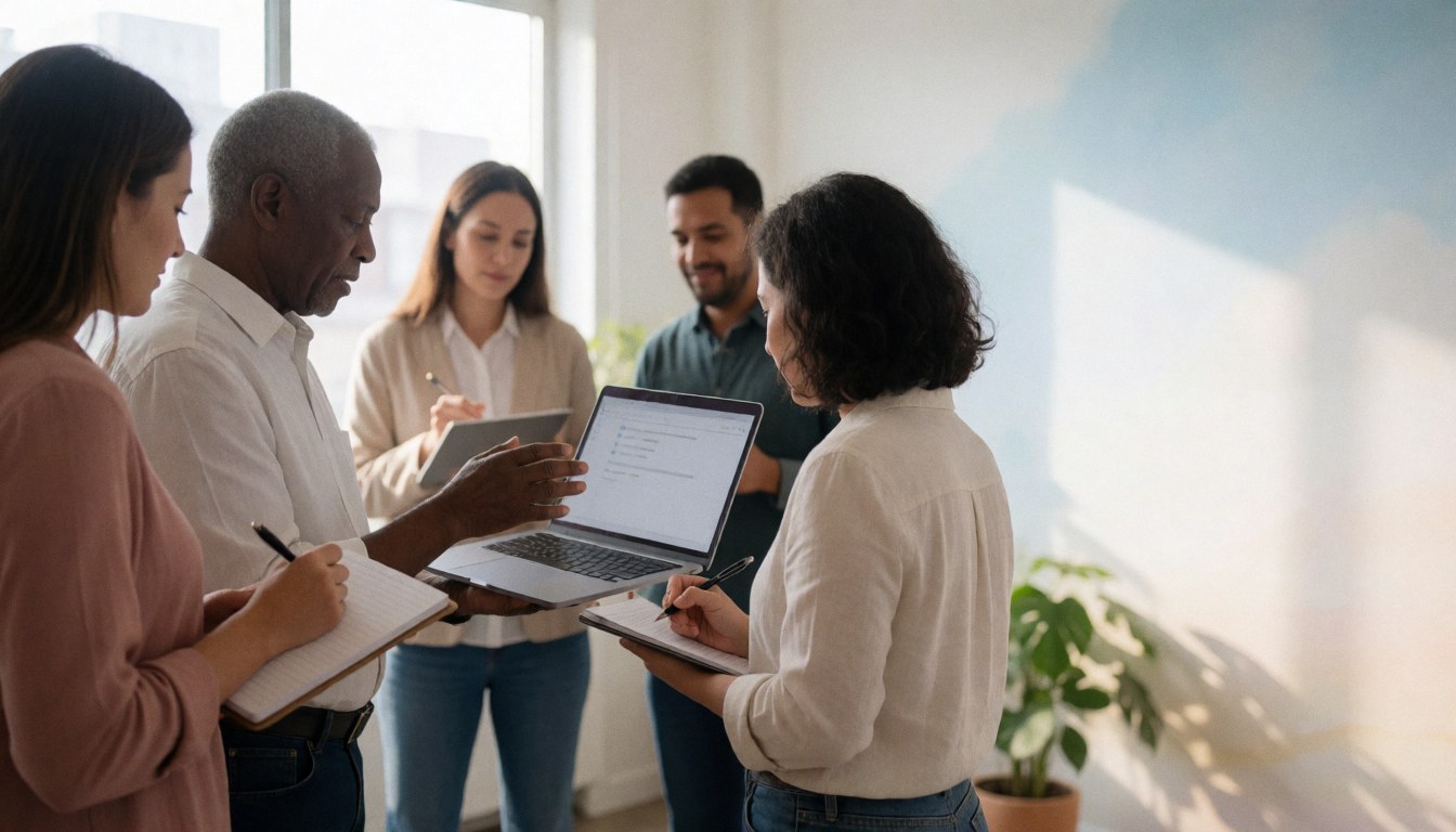 A diverse group of adults working together in a bright co-working office, with one person using a laptop while others take notes in notebooks.