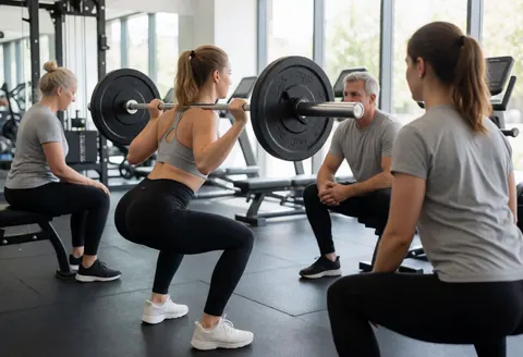 A female fitness trainer demonstrates proper squat form using a barbell in a modern gym setting with natural lighting and a black floor.