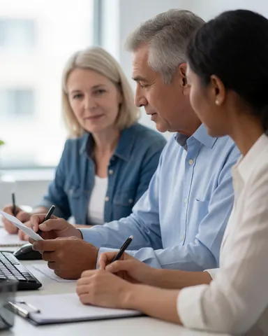 Three professionals reviewing documents and writing at a desk with a computer during a work meeting