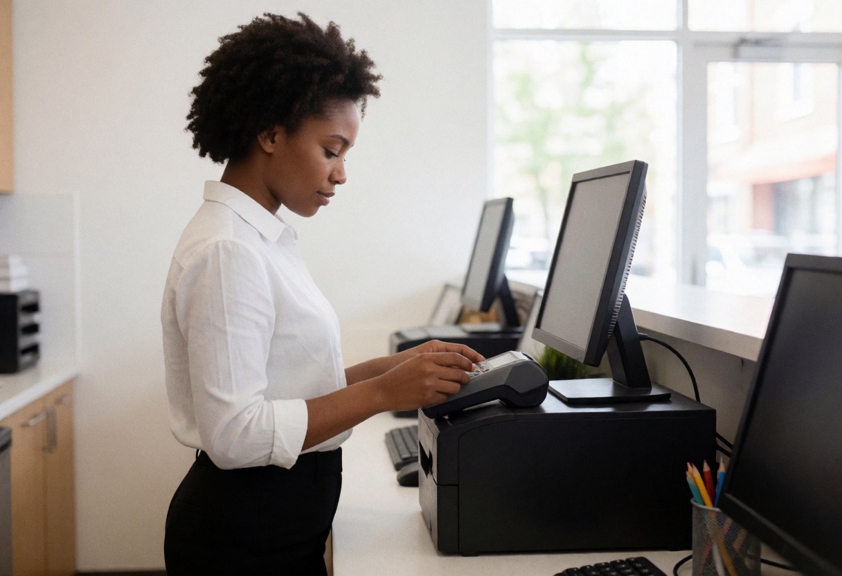A bank teller processes a transaction at a counter with a computer and monitor in a professional office setting.