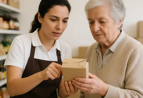 A female grocery clerk explains the contents of a product box to an older customer, both looking closely at the packaging in a warm store setting.