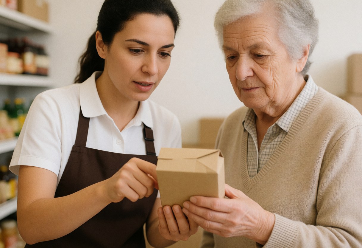 A female grocery clerk explains the contents of a product box to an older customer, both looking closely at the packaging in a warm store setting.