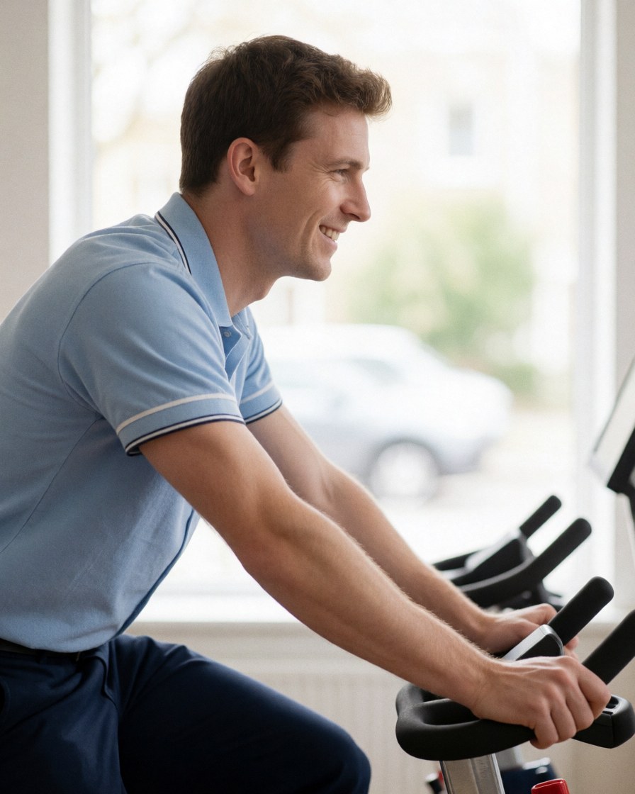 Smiling male patient pedaling a stationary bike in a bright physical therapy clinic during active recovery session